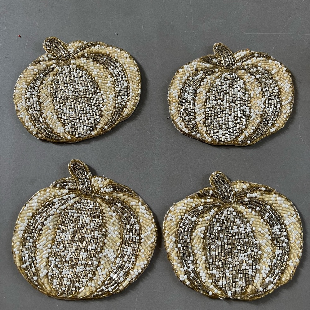 Beaded Pumpkin coasters ( white, gold,beige) beads 5” set of 4 pre-owned